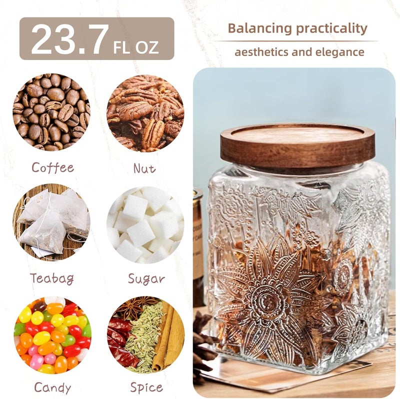 Custde Glass Storage Jars With Airtight Lid, 23.7oz Container For Kitchen Counter with Wood Lid, brown sugar, candy, coffee, cookie, salt, tea, cute Jar (Square Sunflower) - Image 4